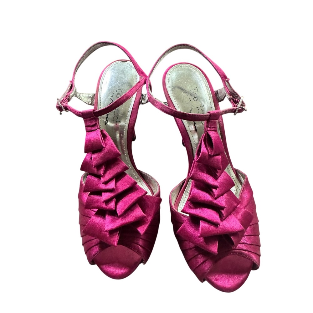 Nina Heels Womens 6M Fuchsia Pink Satin Ruffle T-Strap Peep Toe The Touch Shoes